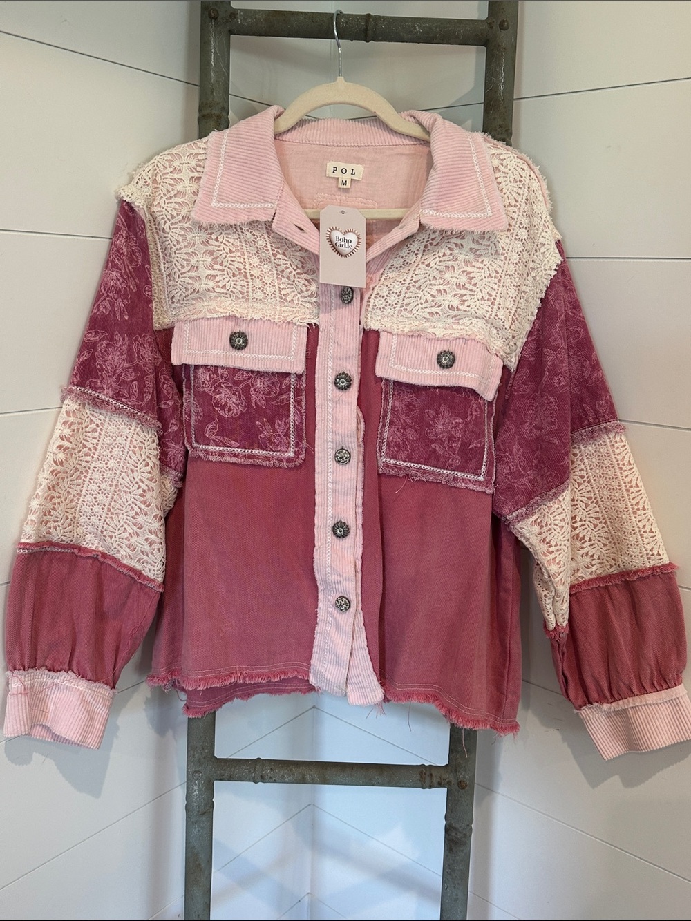 NEW POL “The Penelope”Pink Patchwork Lace & Corduroy trim Jacket